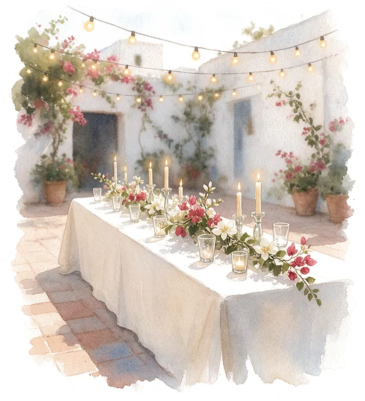 Acuarela de una mesa de banquete en un patio